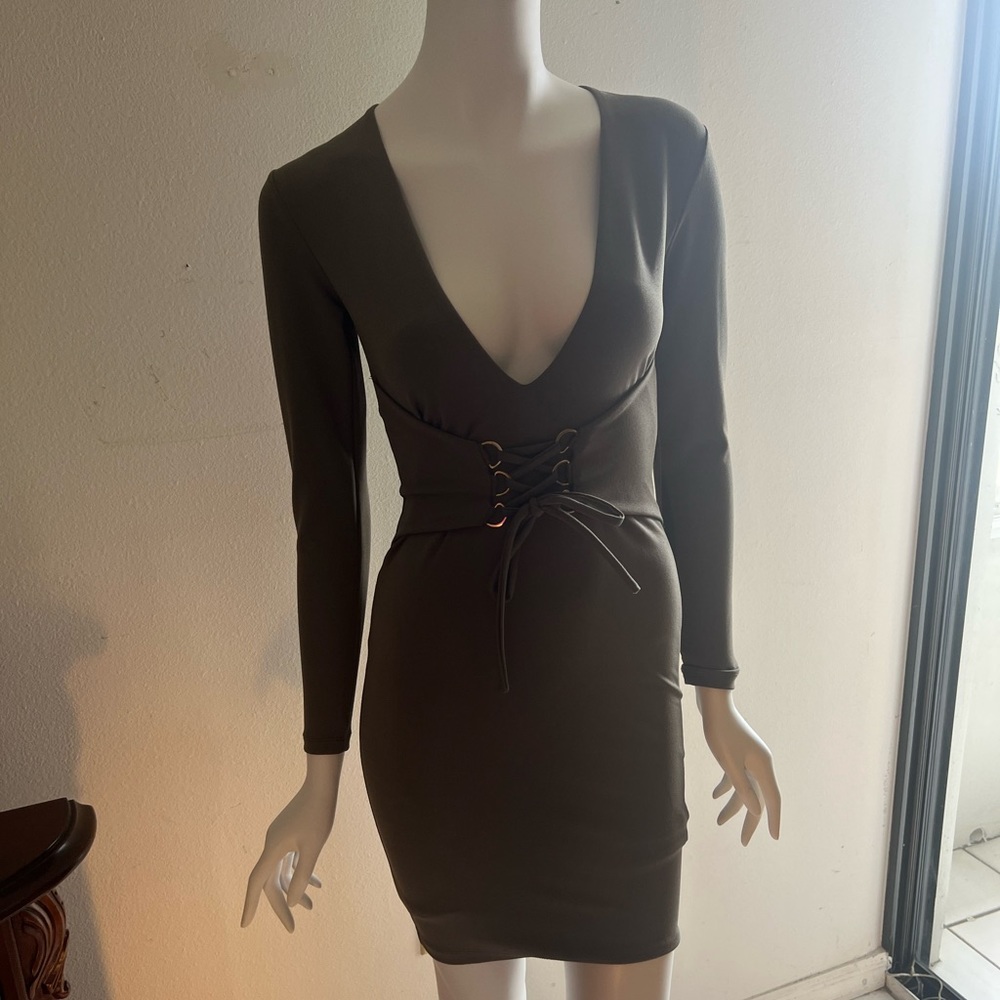 Nookie corset waist tie mini dress khaki green bodycon NWT size small